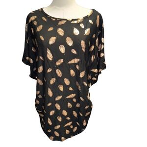 Rouge Collection Womens 2X Black Gold Metallic Feather Dolman Ruched Top‎ Blouse